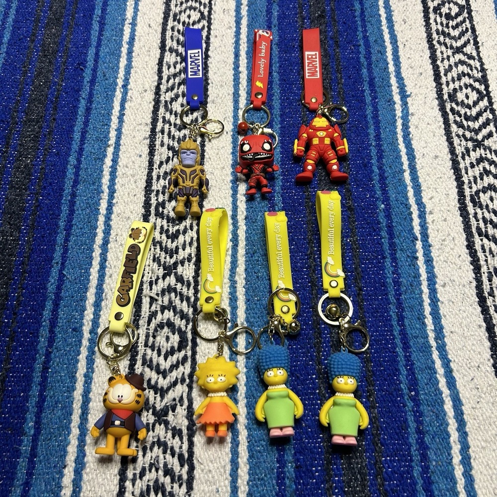 Lot of 7 Character Keychain Marvel Simpsons Garfield Thanos Deadpool Hulk Buster